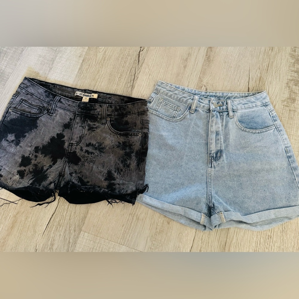 Women's Black Tie-Dye and Blue Denim Shorts